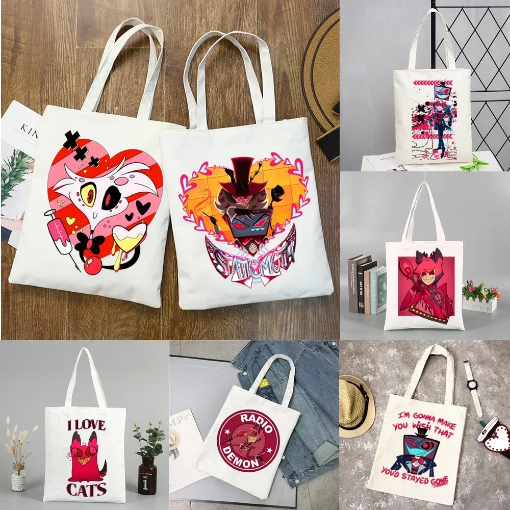 Hazbin Hotels Alastor حقيبة كتف قماشية مخصصة حقيبة يد للسيدات حقيبة حمل عادية سعة كبيرة حقيبة تسوق قابلة لإعادة الاستخدام