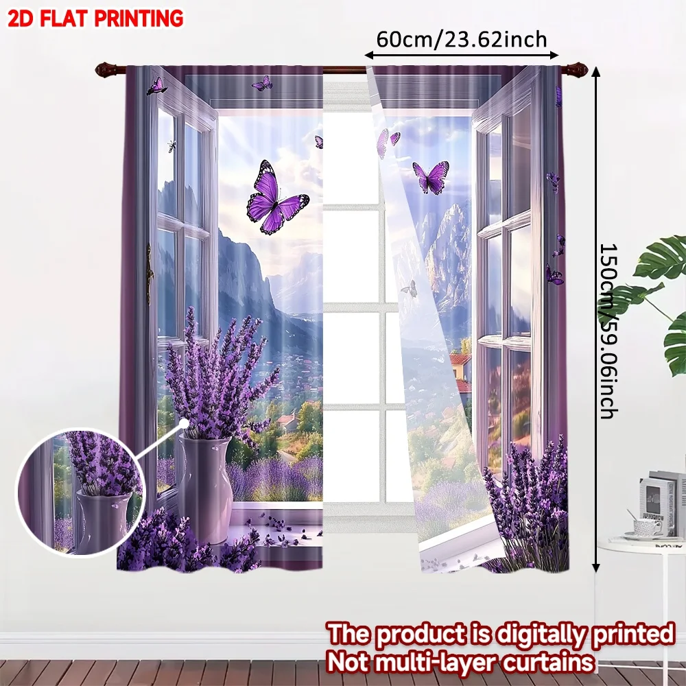2pcs Purple Butterfly Curtains Digital Printing Elegant Butterfly Pattern with Outdoor View Effect for Bedroom Living Room Decor