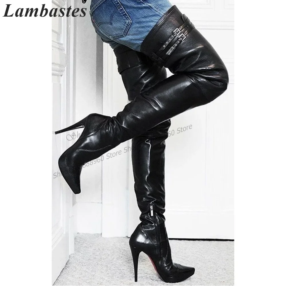 

Thigh High Black Matte Leather Buckle Strap Boots Stilettos High Heel Women Shoes Side Zipper Pointed Toe 2023 Zapatillas Mujer