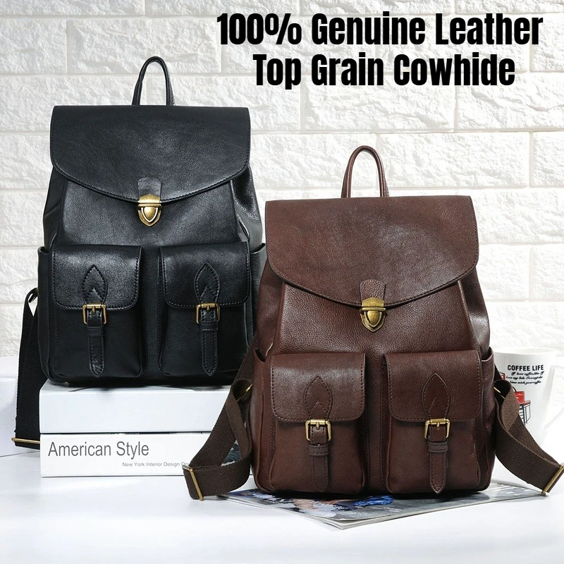 Genuine Leather Backpack for Women, Top Grain Cowhide Large Capacity Vintage Travel Rucksack for School, Casual College Daypack