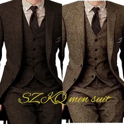 Suit for Men Retro Herringbone Jacket Pants Vest Tie 3-piece Set XS-5XL Formal Work Wear Wool Suit Men