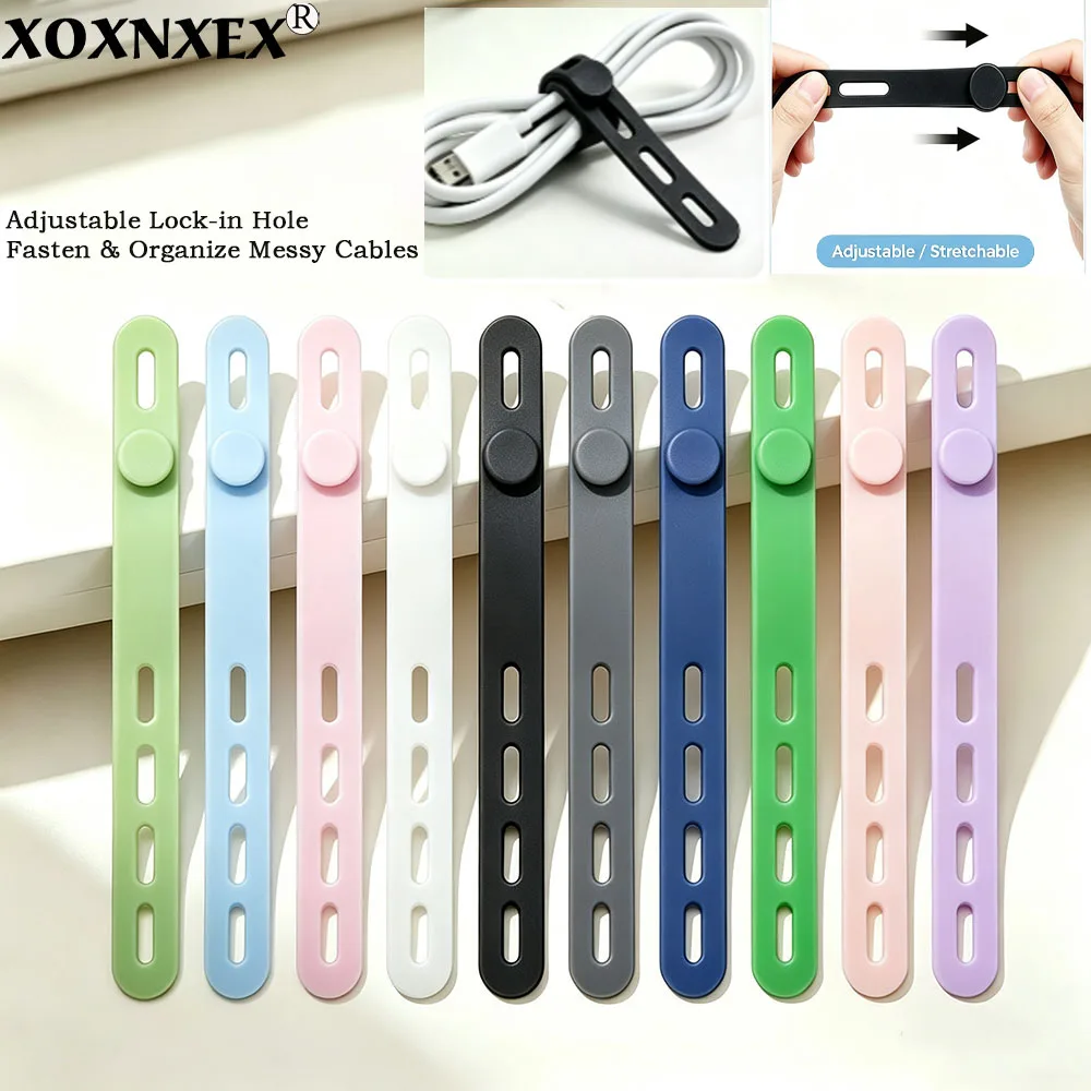 Silicone Cable Straps Adjustable Multi-Hole Cord Organizer Stylish Colorful Reusable Wire Ties for Desk Cable Management