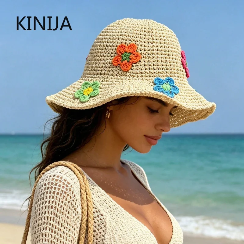Neuer Handgefertigter Hochwertiger Sonnenhut mit Blumenstickerei, Weicher Sommerhut für Damen, Outdoor-Strandhut, Panama-Strohhut, Kuppelförmiger Bucket Hat