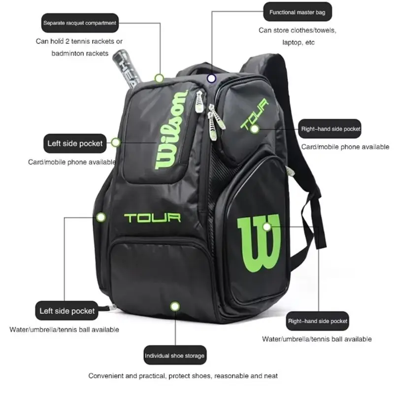 Wilson Borsa da tennis contiene 2 racchette da tennis Zaino da tennis Borsa da racchetta da campo portatile quotidiana Uomo Donna Zaino sportivo da padel