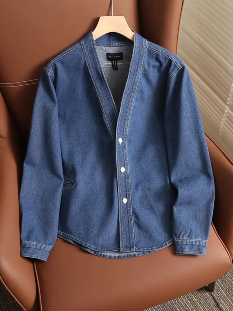 

Fashion Single Breasted Denim Jacket for Spring 2024 Men's Autumn New Style Washed V-neck Cardigan Coat Male Clothing