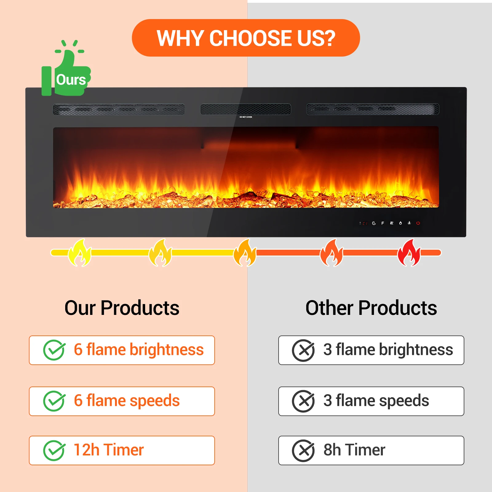 Electric Fireplace In-Wall Recessed and Wall Mounted, 60-Inch Modern Fireplace Heater with Multicolor Flame, Timer, 750/1500W Black Fireplace Controlled By Touch Screen or Remote