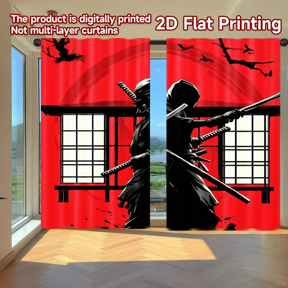 

2D flat printing 2pcs Drapes Samurai Silhouette Showdown Digital Printed Polyester Drapes Birthday Party Perfect for Holiday