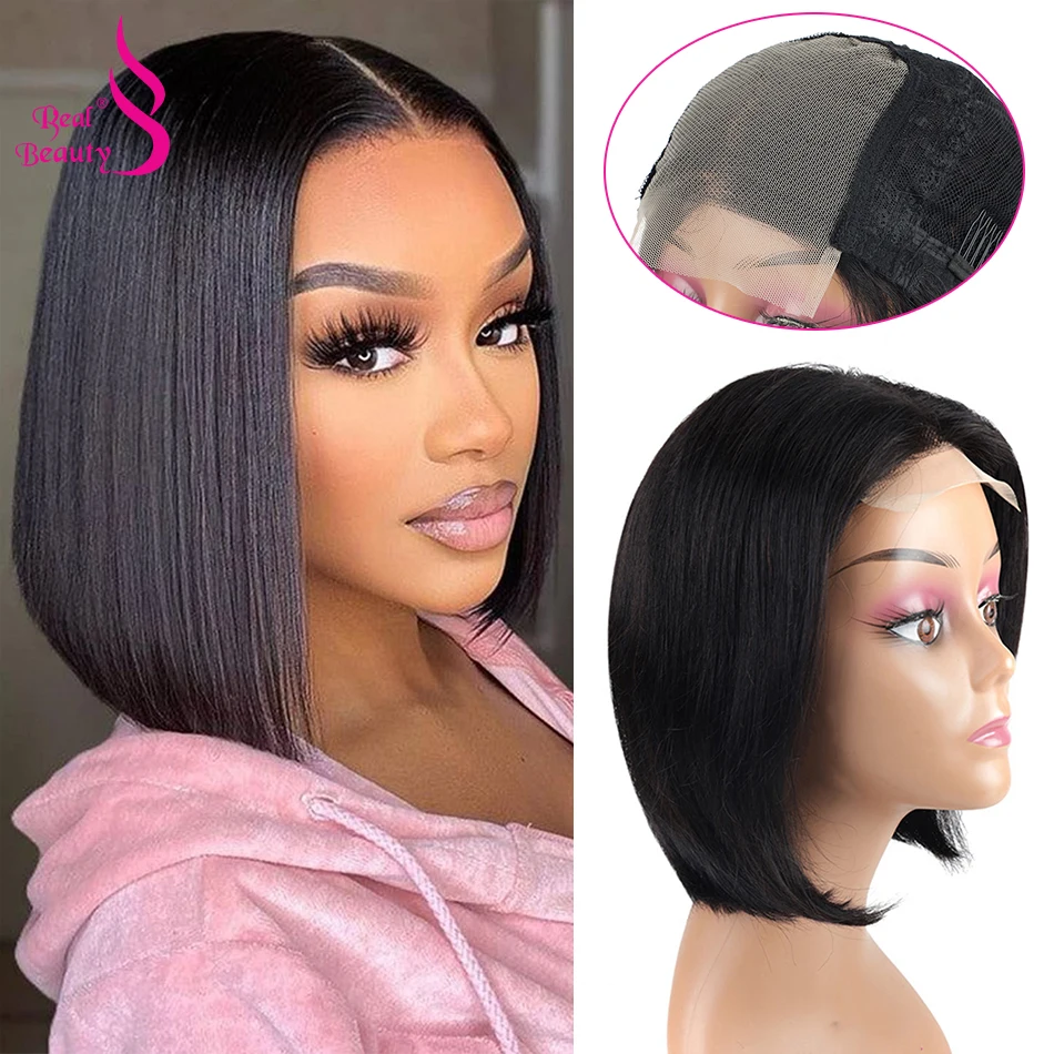 

Парик из натуральных человеческих волос, боб, с кружевной застежкой 4x4, натуральный цвет, для чернокожих женщин, реплика волос Remy, 10 дюймов, прямые волосы, 150% густота, средняя часть