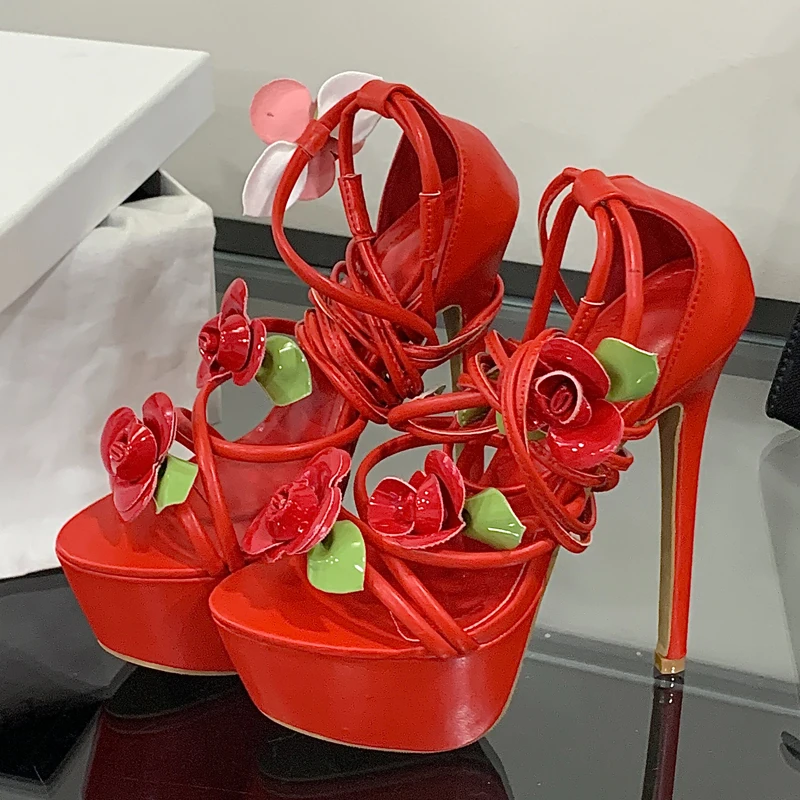 

Aneikeh Bohemian Style Fashion High-heeled Platform Women's Sandals Red Wedding Shoes Thin Crisscross Straps High-heeled Shoes