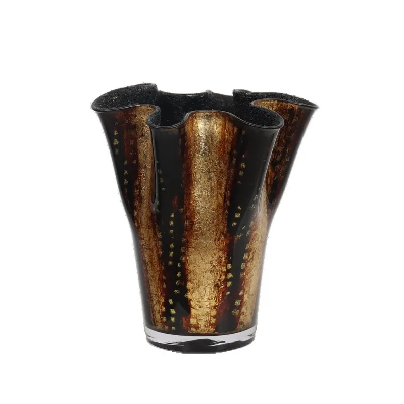Golden textured pleated large-diameter vase Handmade glass flower vessel ornament