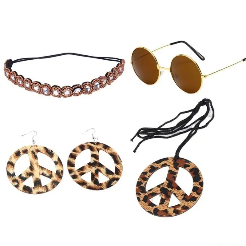 

31BF Peace Sign Earring Necklace Fringe-Vest Tassel Cardiga Hippie-Costume for Women