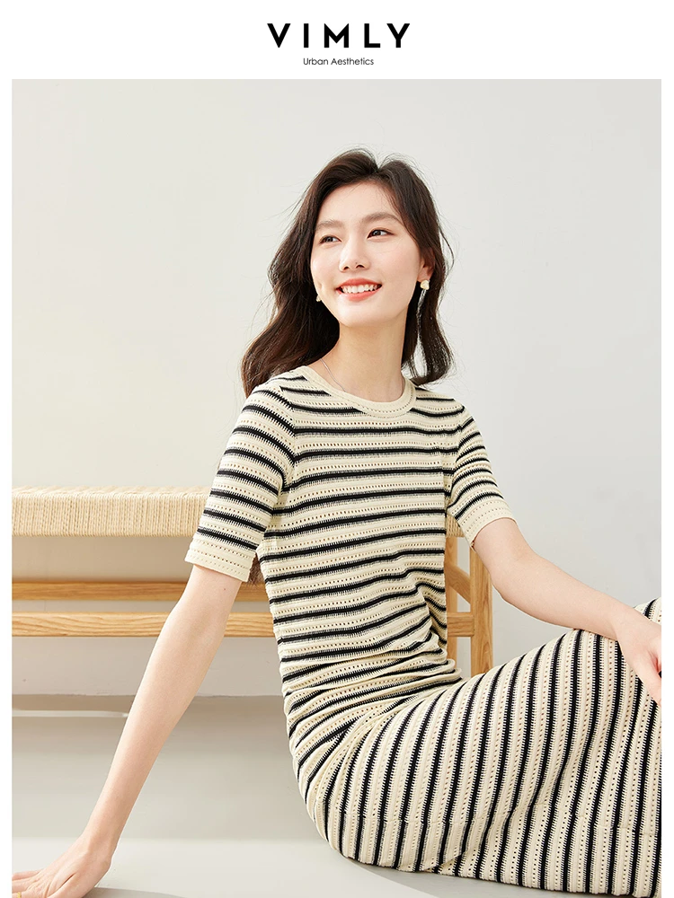 Vimly Summer Vacation Striped Knitted Dress Women 2024 Casual Fashion Short Sleeve Hollow Out Knit Straight Midi Dresses 72985