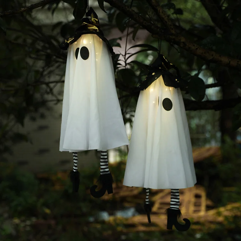 Halloween Hanging Ghost Decoration Outdoor Halloween Witches Hat Lights Glowing Ghosts for Garden Trees Yard Halloween Decor view 3