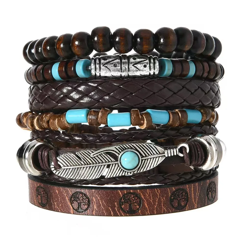 Vintage Feder Casual 6 Teil/satz Baum Handgemachte Männer Armbänder Männliche Frauen Leder Armbänder Männer Armreif Großhandel Schmuck Geschenk – Detail 8