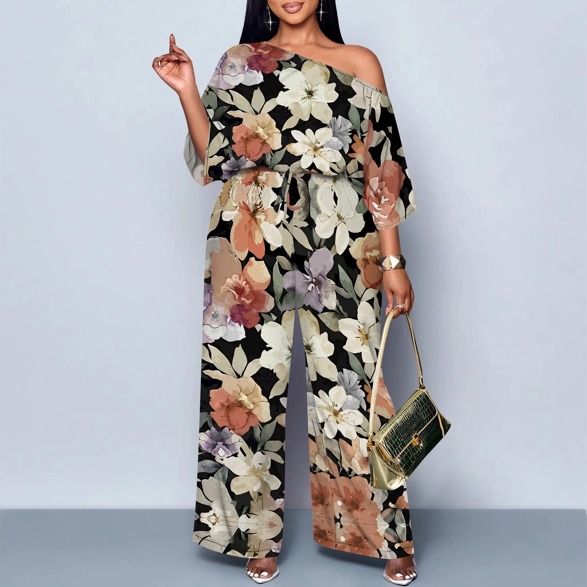 

Women’s Floral Off Shoulder Jumpsuit Wide Leg Loose Fit Summer Holiday Casual Outfit