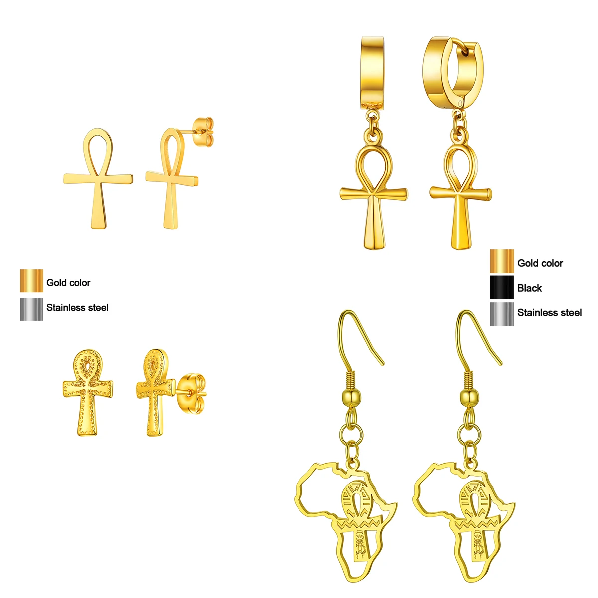 U7 الفولاذ المقاوم للصدأ عنخ الصليب أقراط للنساء رجل خمر نمط المصري مفتاح النيل الحياة رمز مجوهرات هدية E1004 QC24