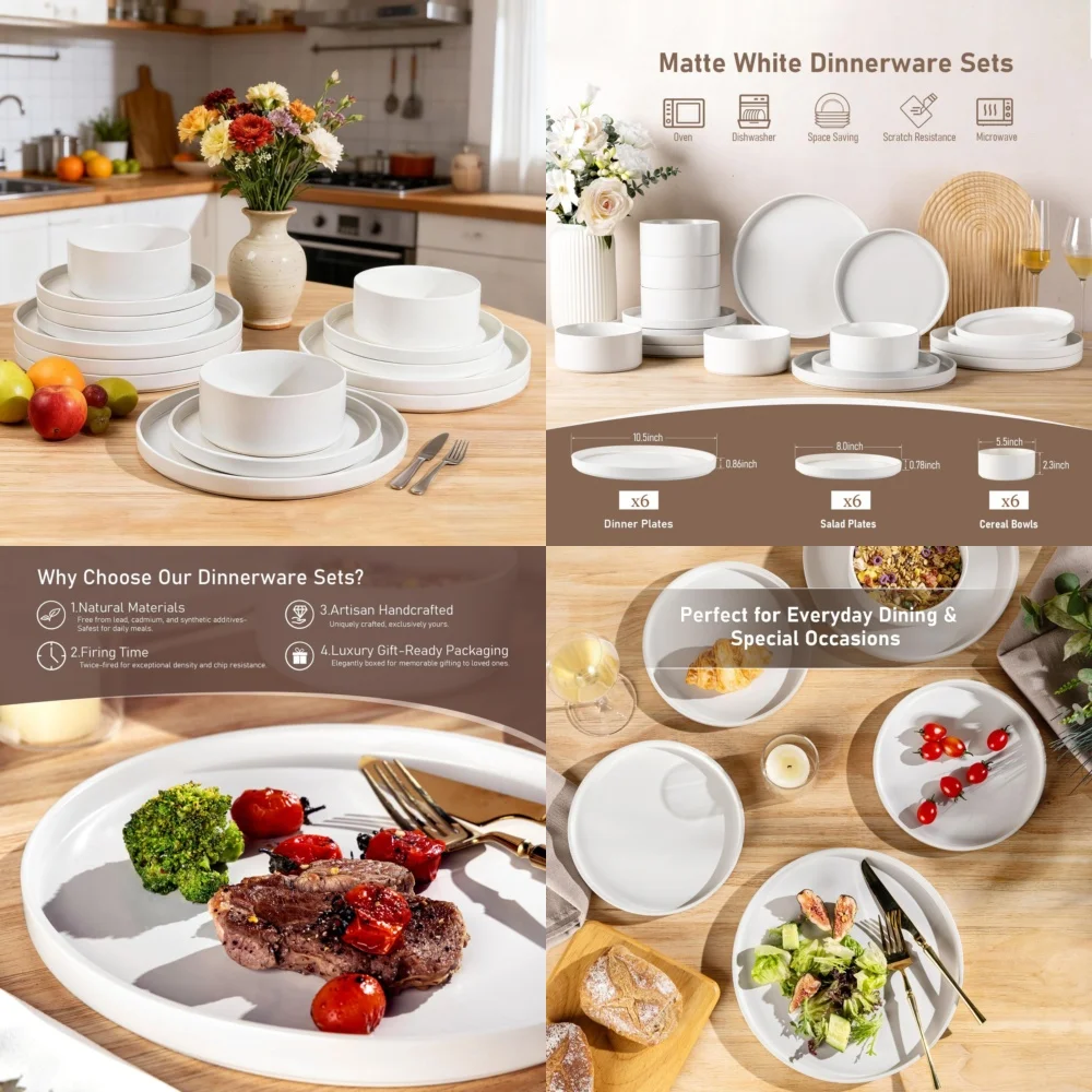 

Набор керамической посуды Набор керамической посуды с матовой отделкой на 6 с тарелками и мисками Прочный керамограничный посуда, идеально подходящий