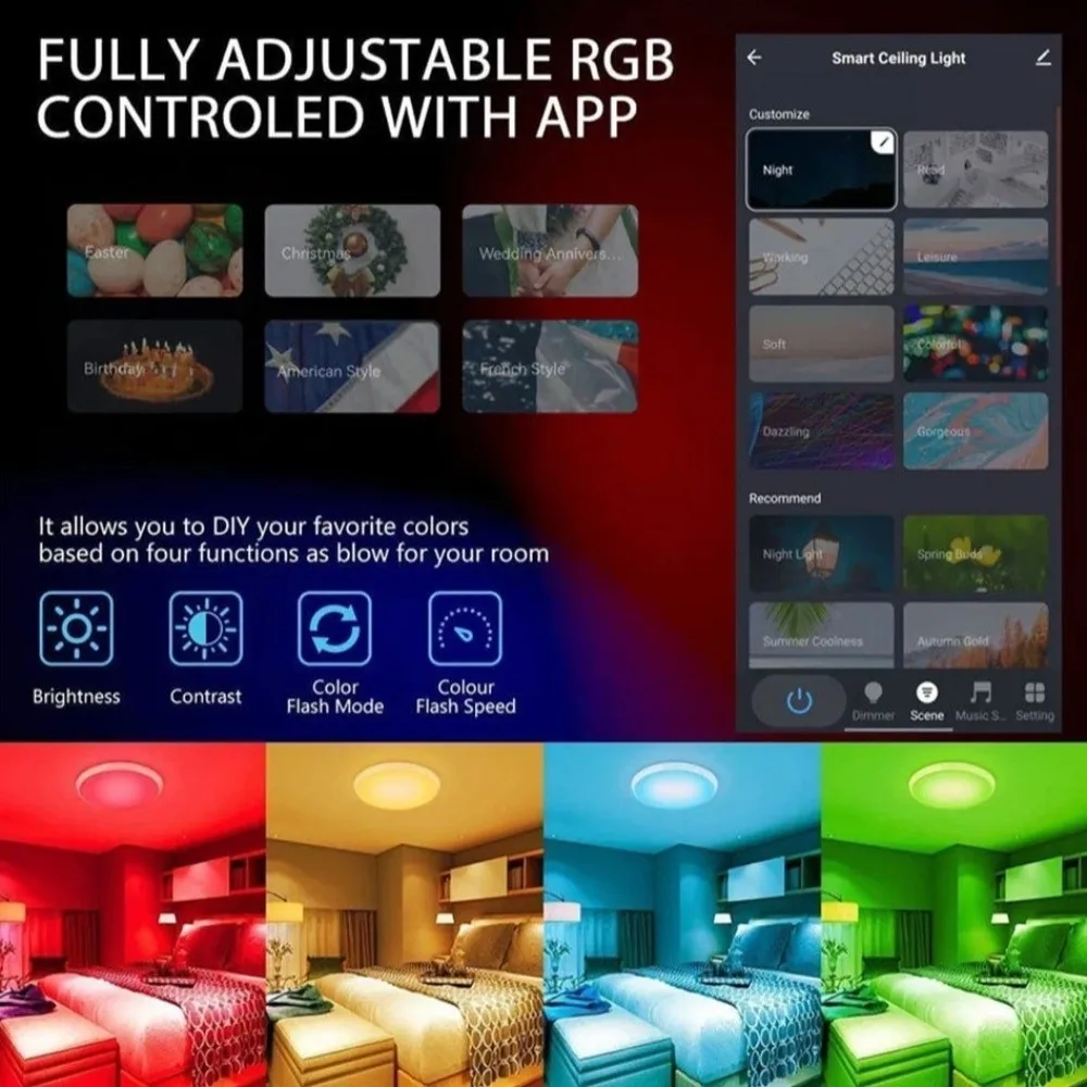 24 واط قوة تويا الذكية واي فاي ضوء السقف RGB اللون تغيير عكس الضوء وظيفة الذكية LED ضوء السقف اتصال واي فاي