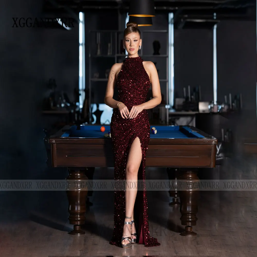고품질 인어공주 스타일 프롬 드레스 2026 섹시한 사이드 슬릿 스팽글 레이스 롱 이브닝 파티 가운 홀터넥 여성 정장 생일 드레스