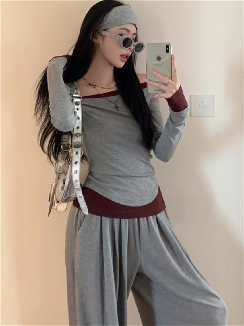 PLAMTEE 2024 Slim Elegant Knitted Sweaters Women Skew Collar Pullovers Chic Straight Wide Leg Pants Office Lady Autumn Sets