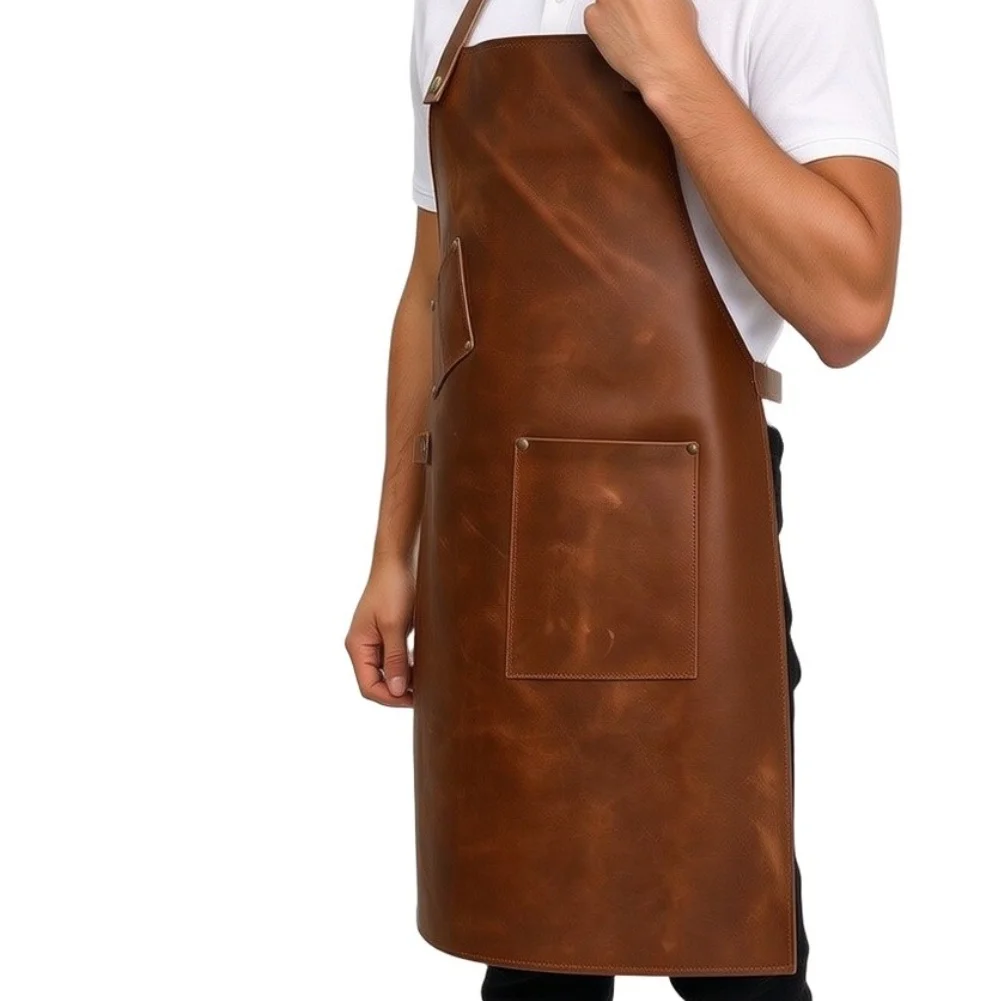 PU leather apron designed for oil and water protection during grilling with two pockets to carry small tools and accessories