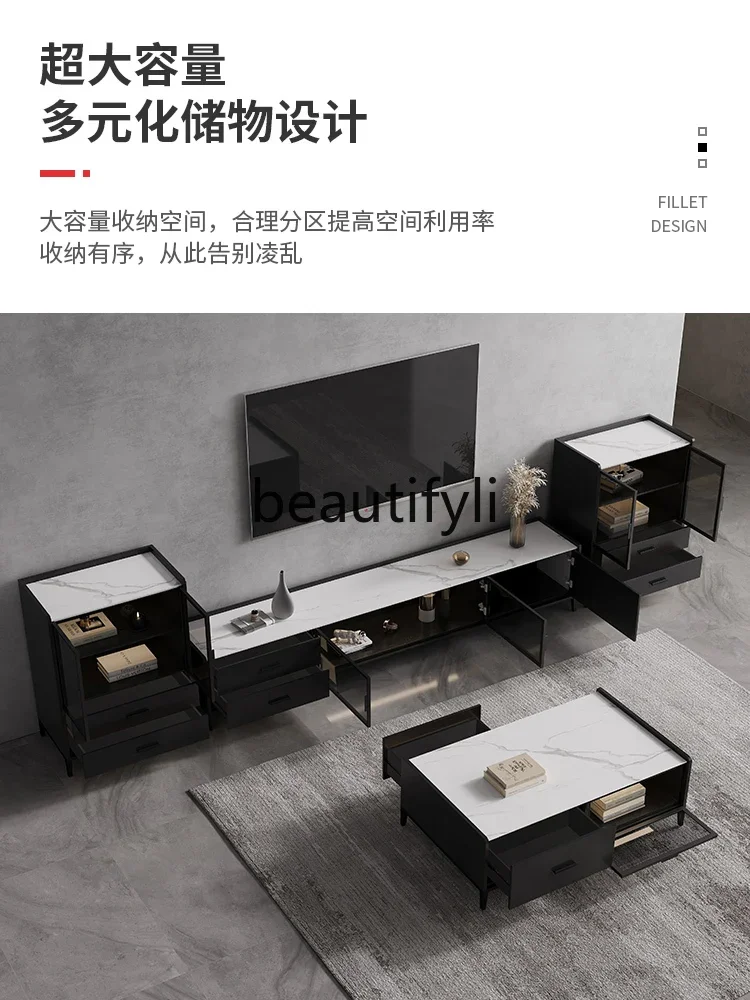 yj57 Nordic rock slab solid wood TV cabinet coffee table combination modern living room black floor cabinet TV cabinet