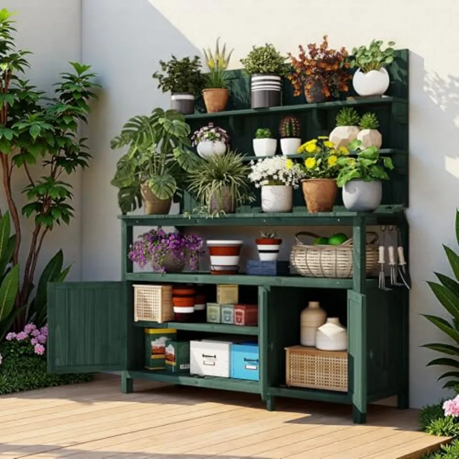 Patio Planting Table with Large Countertop and 3 Side Hooks, Garden Workstation with Hutch, 2 Shelves and 2 Cabinets