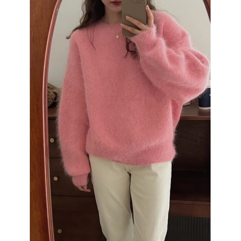 

Long Fur Knitted Sweater Women Spring Outerwear Loose Sweet Sli Pink Purple Fluffy round Ne Knitted Top Warm Thiened