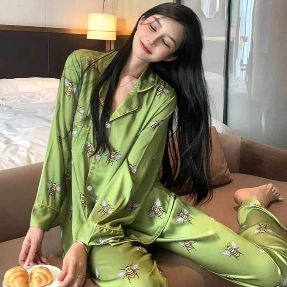 Bee Print Women\'s Pajamas Faux Silk Satin Lapel V-Neck Long Sleeve Pants Pyjamas Set Women Autumn Soft New Sleepwear Home Wear