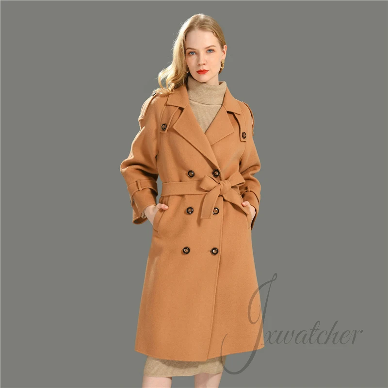 Jxwatcher Women's Double faced Cashmere Wool Blend Coat Classic Simplicity Trench Coats Fall Winter New Arrival Overcoat Female