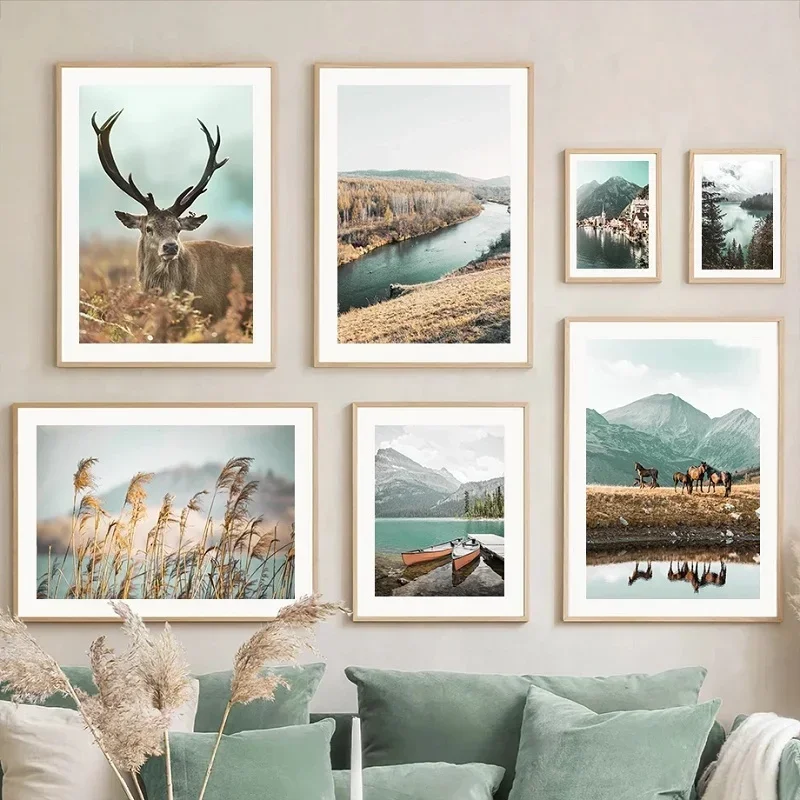 Modern Canvas Painting Autumn Landscape Green Lake Mountain Elk Poster Home Living Room Bedroom Background Wall Picture Decor