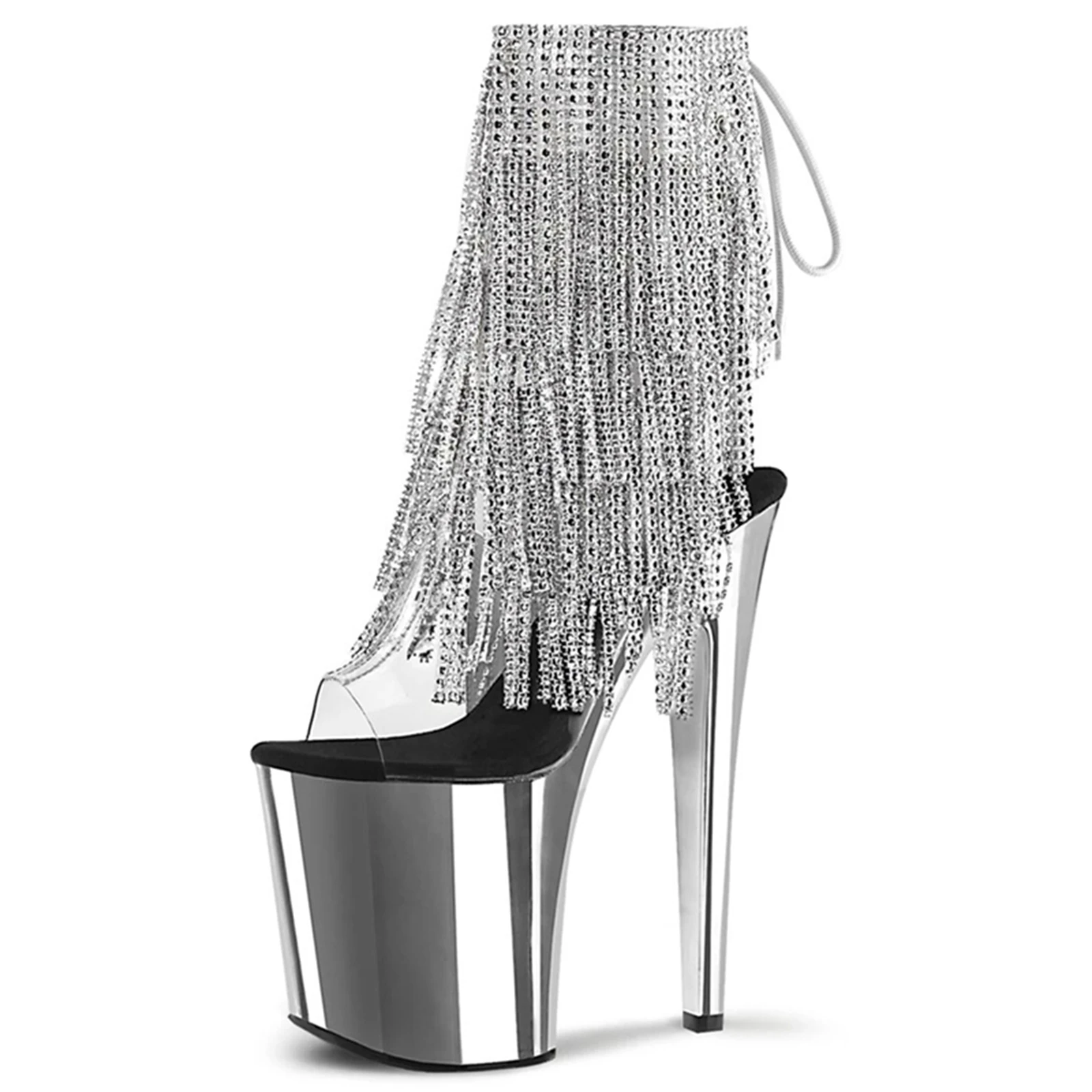 كعب كروم ساخن 20 سم مع سلاسل كريستالية | صنادل ذات نعل سميك لامع بحزام شفاف | أحذية نادي الحفلات المثيرة للنساء ليلاً #3