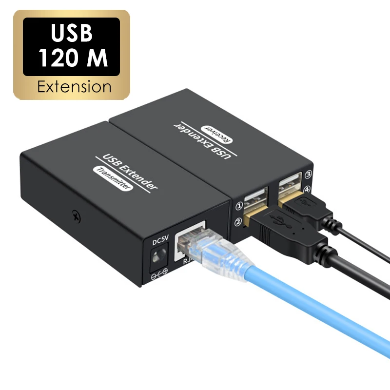 120 m USB2.0-Extender über Ethernet, RJ45-Cat6-Kabel, UTP-Verlängerung, 4 Ports, USB 2.0-Hub-Splitter für Tastatur, Maus, Drucker, U-Disc