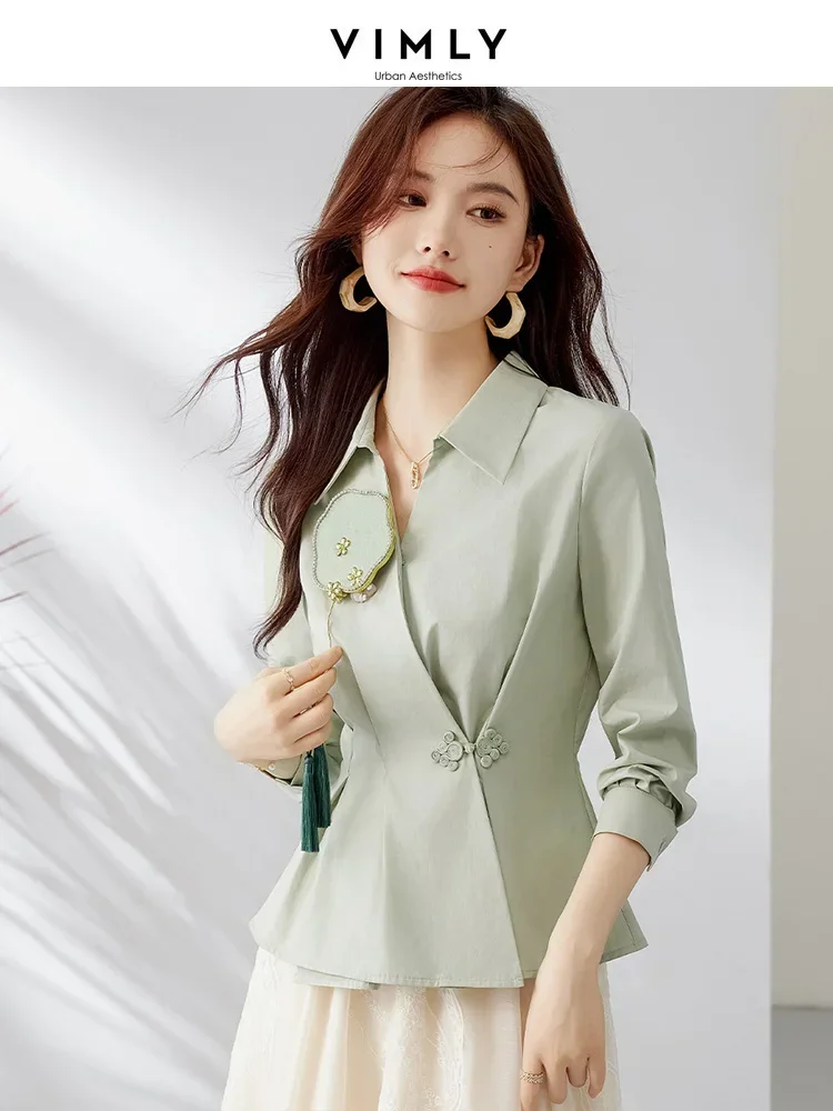 Vimly Chinese Style Autumn Women Shirt 2023 Fashion Turn Down Collar Long Sleeve Dial Buckle Office Lady Female Shirts M2556