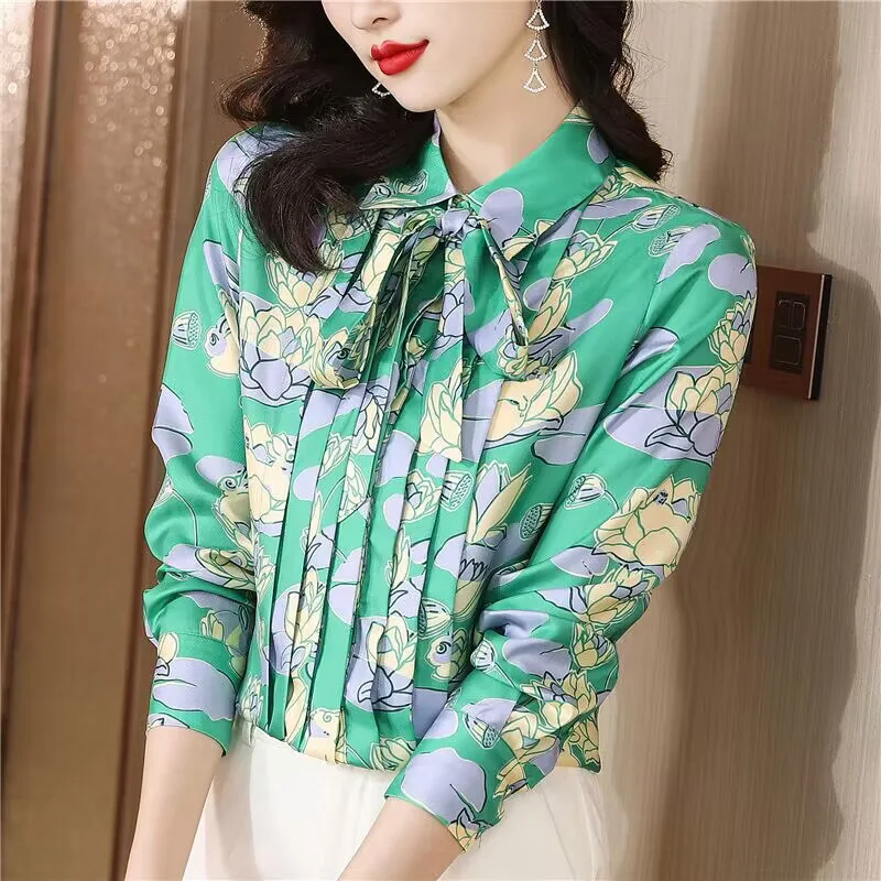 Women Elegant Bow Lace-up Printed Chiffon Shirts Spring Long Sleeve Loose Chic Dignified Temperament Blouse Stack-up Tops