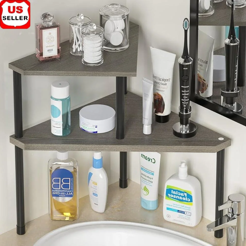 

2 Tier Bathroom Counter Organizer Multifunctional Sink Storage Shelf Makeup Toiletries Corner Shelf Natural Bamboo Heavy Duty