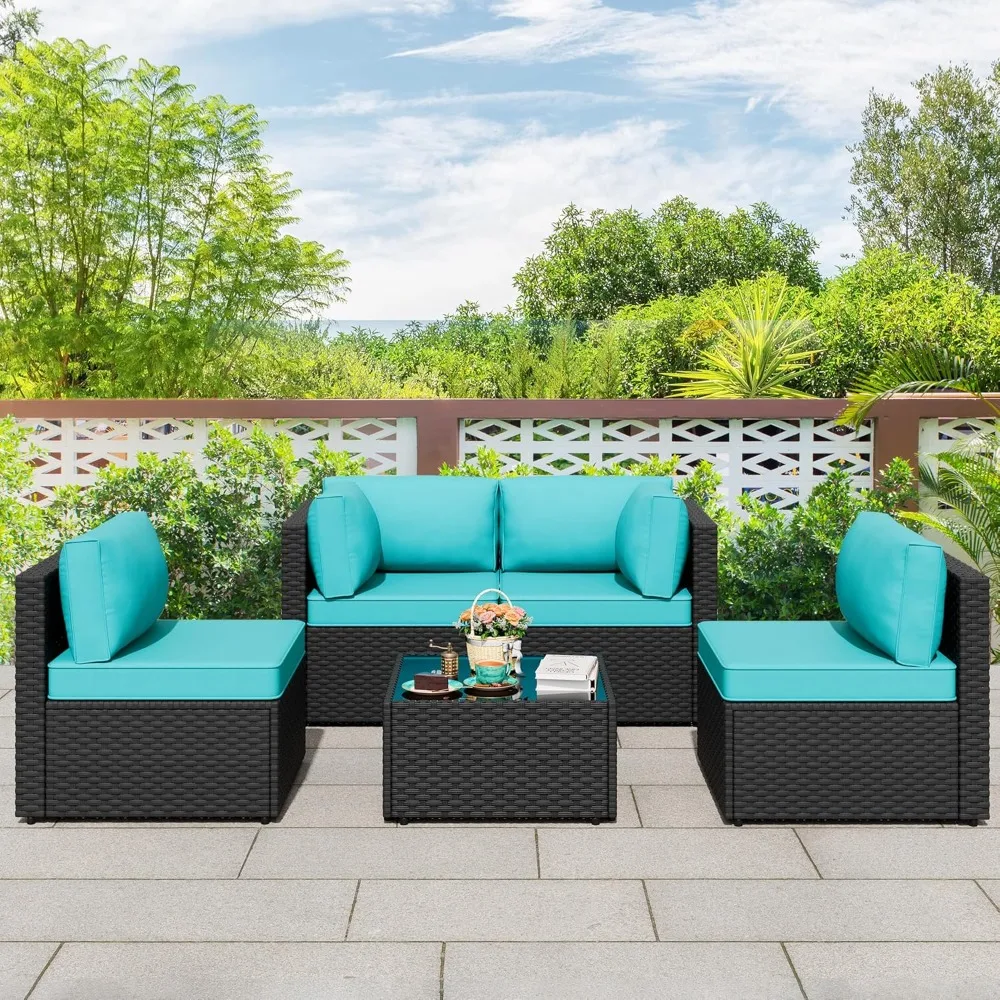 

Patio Furniture Sets, Outdoor Furniture Patio Sectional Sofa Set, Wicker Rattan Conversation Sets with Glass Table and Cushions