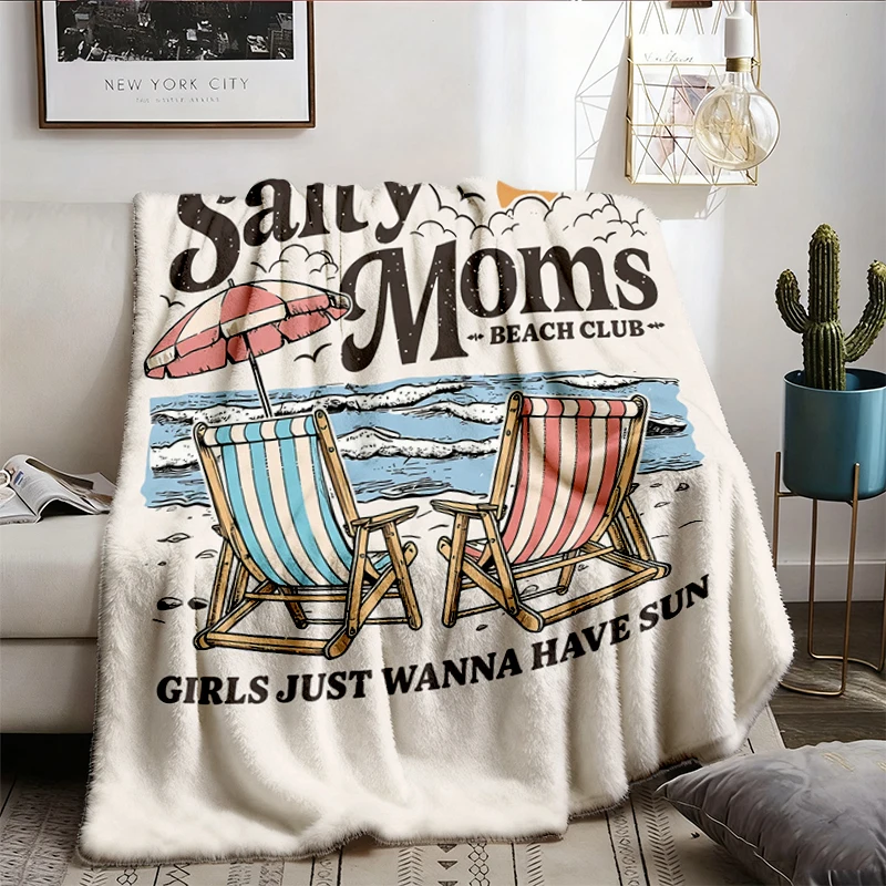 Salty Moms Beach Club Flannel Blanket, Retro Summer Mom Flannel Throw, Just Wanna Have Sun, Beach Vacation Gift