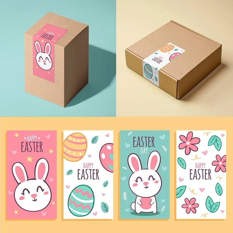 24pcs Happy Easter Day Decor Sticker Self-adhesive Sealing Sticker Labels Cute Rabbit Bunny Eggs Party Decor Labels 4x9cm