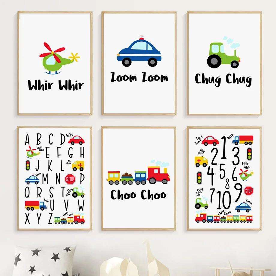 Cartoon Vehicle Transport Poster Alphabet Number Print Car Train Helicopter Tractor Wall Art Boy Bedroom Nursery Home Decor Gift