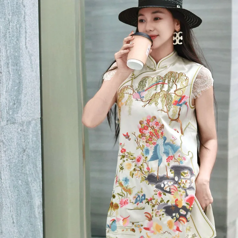 

High-end Spring Summer New Women's Cheongsam Chinese Style Embroidery Slim Elegant A-Line Qipao Dress S-XXL