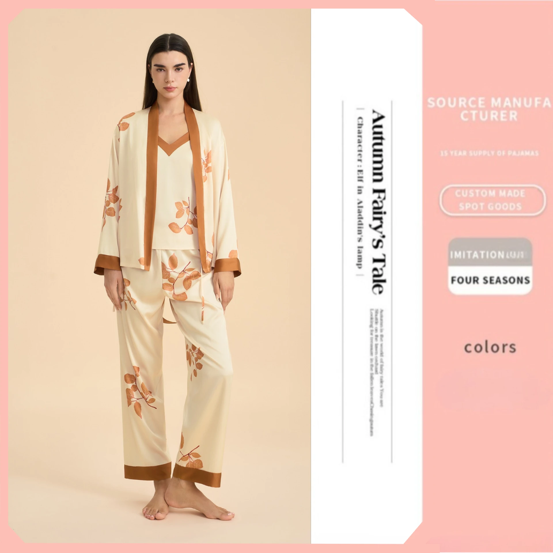 

Новый весенний комплект пижам из шелковистого сатина: женское интимное белье с принтом, 3 предмета, V-образный вырез, домашняя одежда