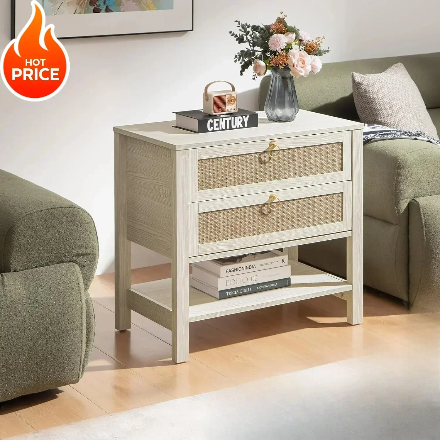 

Бестселлер [XMSJ] Комплект из 2 белых прикроватных тумбочек, большие тумбочки с ящиками и полкой для хранения - Прикроватная тумбочка в стиле бохо из ротанга, узкая, S-размер