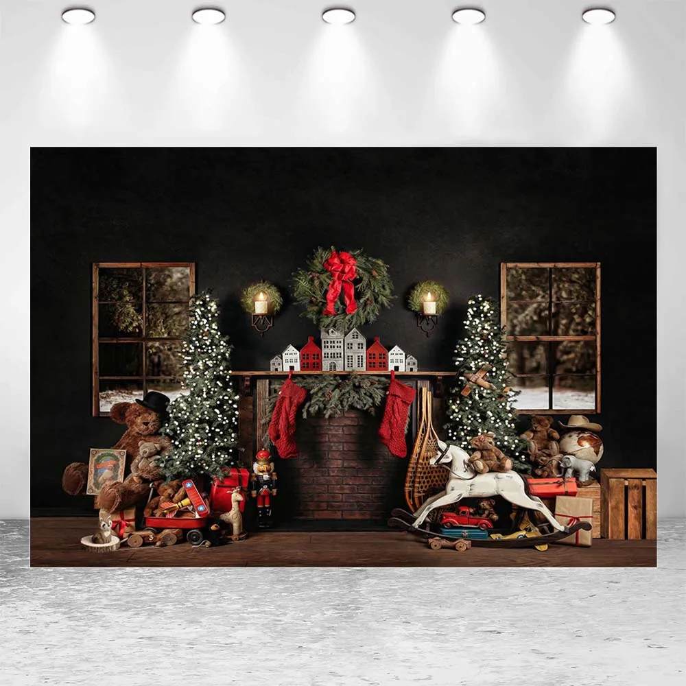Mocsicka Baby Kids Photography Background Christmas Wreath Fireplace Black Wall Family Portrait Backdrop Photo Studio Photoshoot
