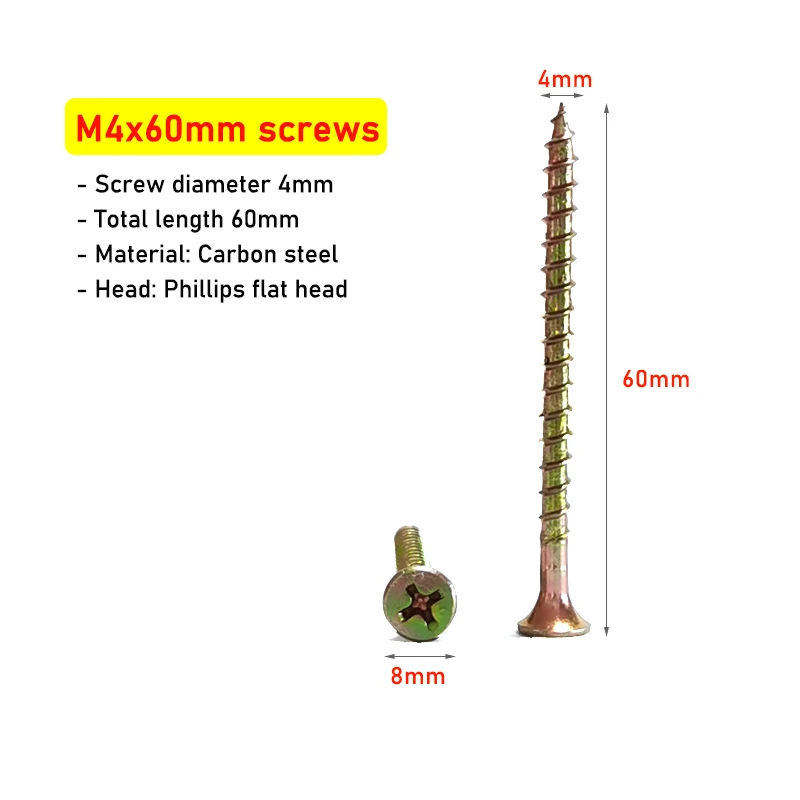 M4x60mm Self-tapping Screws Phillips Drive Flat Head Carbon Steel Galvanized Drywall Screw Thread 4mm Length 60mm Wood Screws