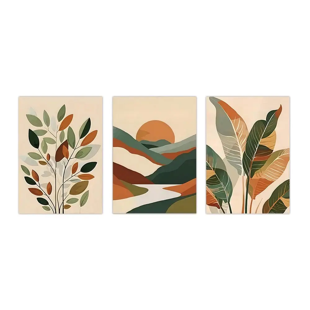3Pcs Mid‑Century Modern Terracotta Canvas Wall Art Abstract Tropical Leaf Sunset Mountain River Landscape Prints for Home Dec