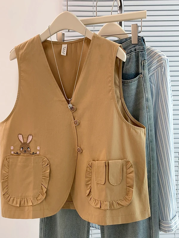 

Classic Single-Button Embroidered Waed Cotton Linen Vest Women's Loose Versatile oulder Pad Autumn Outerwear