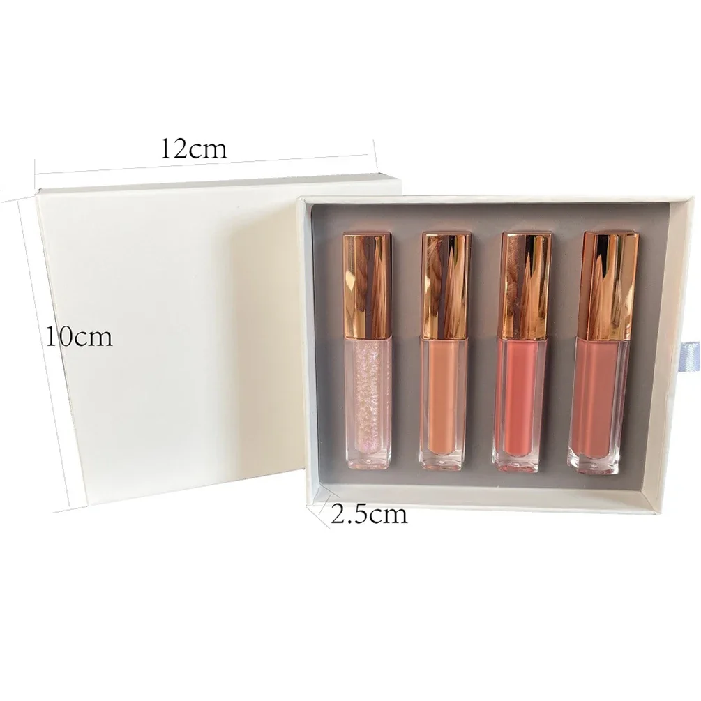 ฉลากส่วนตัว Liquid ลิปสติก Kit โลโก้ที่กําหนดเอง Matte Shine Plumper Non-stick Cup แต่งหน้าขายส่ง 4 ชิ้น Lip Gloss Collection