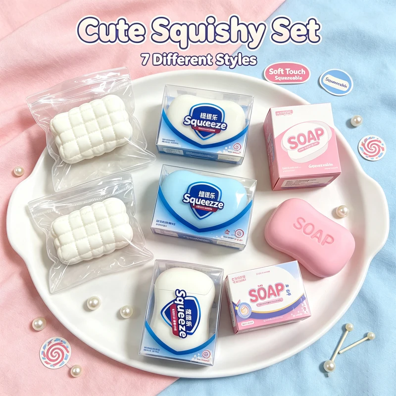Simulated Soap Squishy Stress Relief Soft Slow Rebound Pressure Release White Pink Blue Soap Design Decompression Kneading Tool