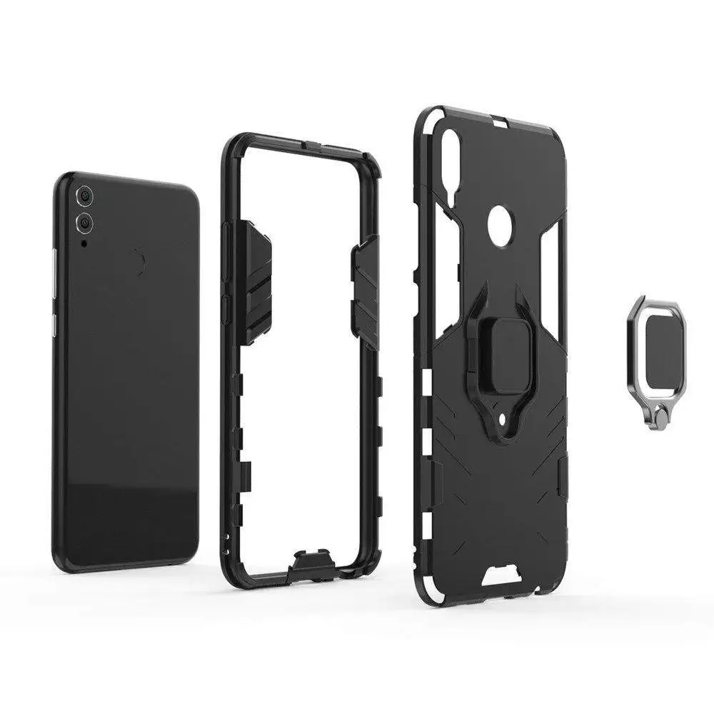 Caso de silicone à prova de choque para huawei honra 8x, pc duro e duro, armadura de luxo, com suporte do anel do metal